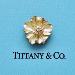 RARE Tiffany & Co. 18K Yellow Gold Diamond Alpine Rose Brooch Pendant .35 TCW